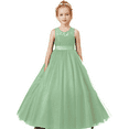 thumbnail image 1 of Floor length Flower Girl Dress Scoop Neck Tulle Lace Princess Pageant Dress Birthday Party Dress for Girls Elegant Floral Design Special Occasion (Dusty sage 14 -15Years）, 1 of 10