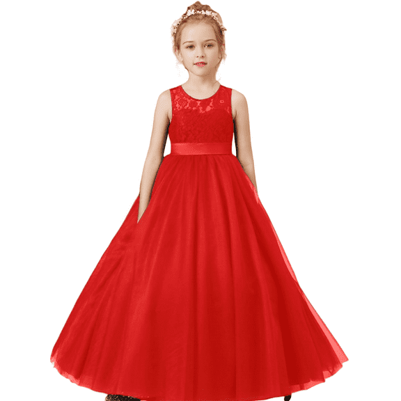 Floor length Flower Girl Dress Scoop Neck Tulle Lace Princess Pageant Dress Birthday Party Dress for Girls Elegant Floral Design Special Occasion (Red 14 -15Years）