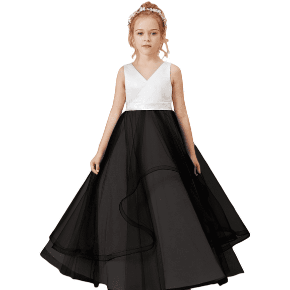 Floor length Flower Girl Dress V Neck Tulle Lace Princess Pageant Dress Birthday Party Dress for Girls Elegant Floral Design Special Occasion (Black 14 -15Years)
