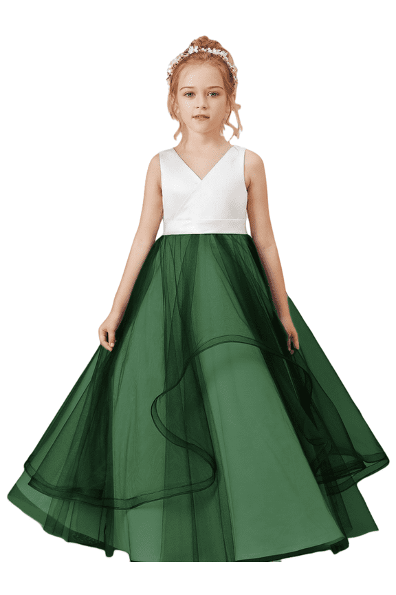 Floor length Flower Girl Dress V Neck Tulle Lace Princess Pageant Dress Birthday Party Dress for Girls Elegant Floral Design Special Occasion (Dark Green 14 -15Years)