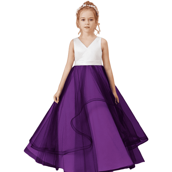 Floor length Flower Girl Dress V Neck Tulle Lace Princess Pageant Dress Birthday Party Dress for Girls Elegant Floral Design Special Occasion (Grape 14 -15Years)