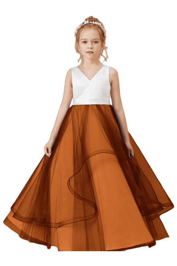 Floor length Flower Girl Dress V Neck Tulle Lace Princess Pageant Dress Birthday Party Dress for Girls Elegant Floral Design Special Occasion (Terracotta 14 -15Years)