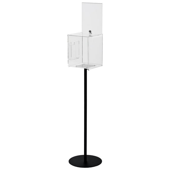 Floor-standing Ballots Box with Side Pocket for Entry Forms and (2) 8.5x11 Sign Holders, Locking Door - Clear Acrylic Box with Black Steel Pedestal Stand (FLRSBOXCLR)