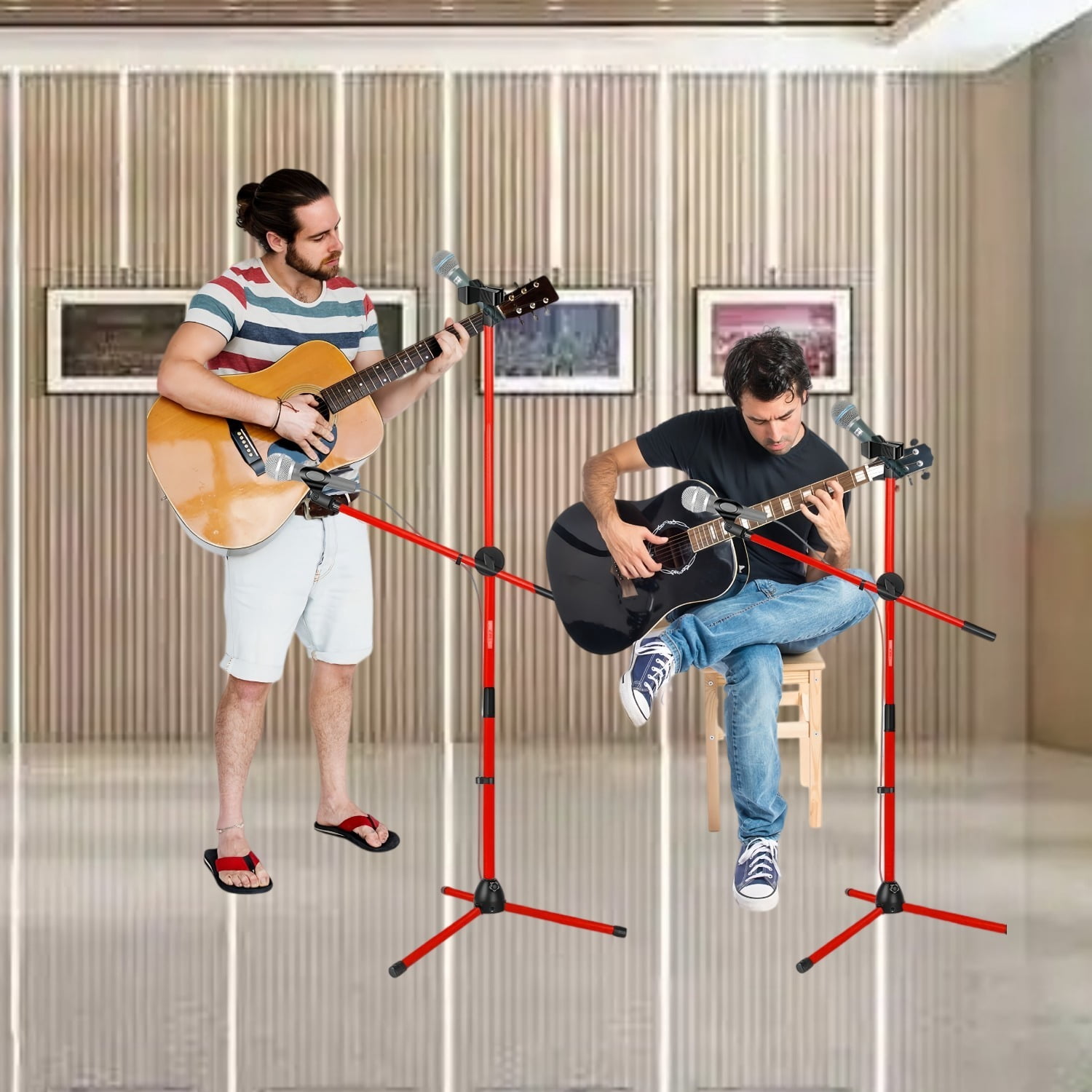 Floor-standing Microphone Stand, Universal Adjustable Tripod Microphone Arm Support, Capable of Holding 2 Microphones, with Adjustable Height. Applicable To Concerts and Recording Studios