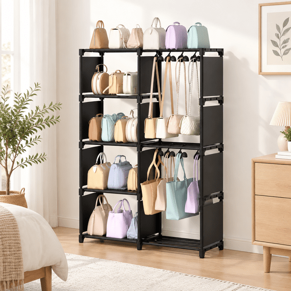 Floor-standing Multi-purpose Purse Organizer Shelf with Movable Hooks
