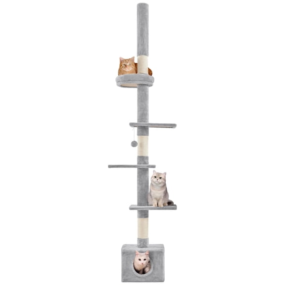 , Floor to Ceiling Cat Tower for Large Cats, 89-104.5in Height Adjustable Tall Climbing Tree w/Scratching Posts, Condo and Perches, Light Gray