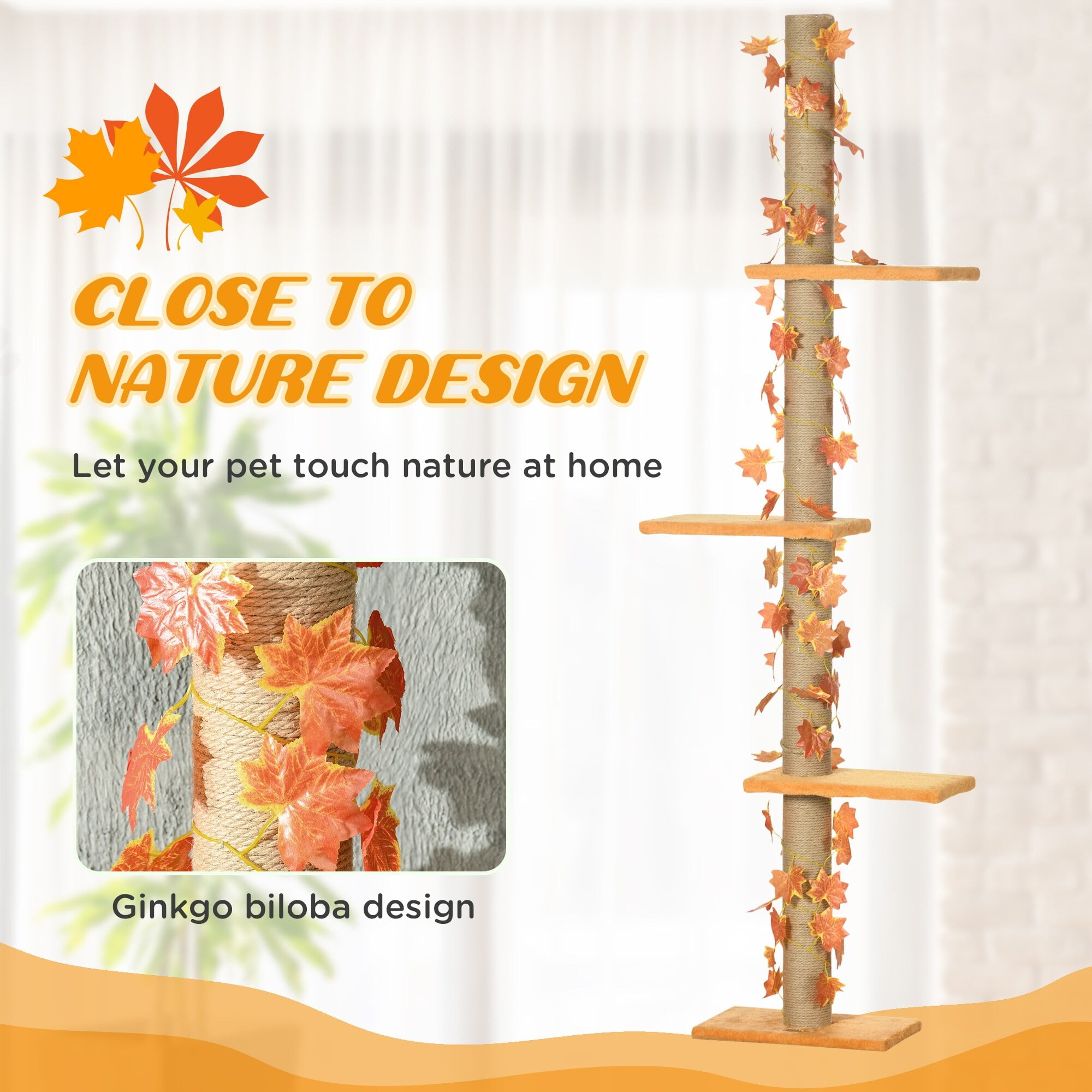 Natural Sisal and Pinewood Floor-to-Ceiling Cat Tree with Ginkgo Leaves