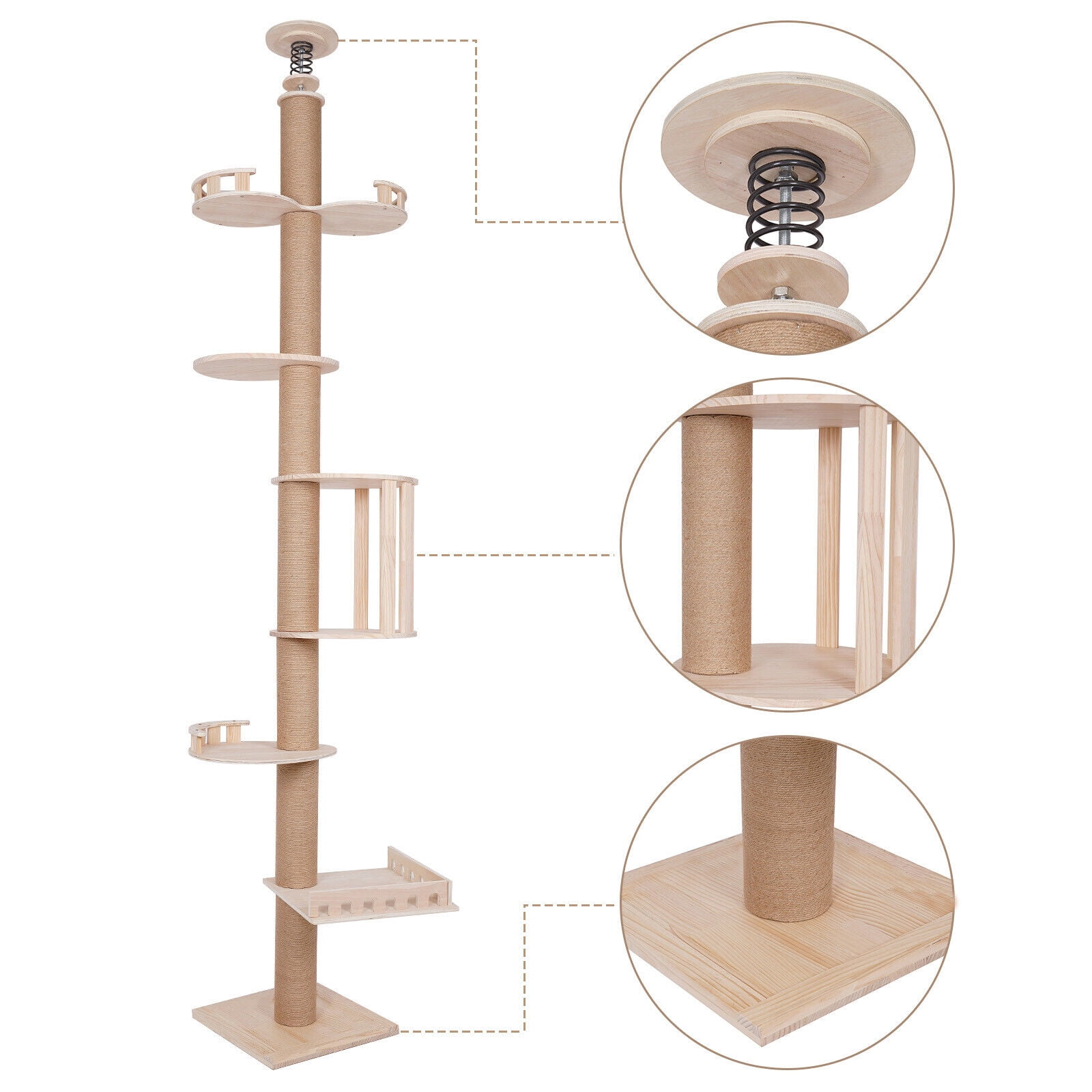 Floor to Ceiling Cat Tree 6-Tier Ceiling Cat Tree 9FT Cat Climbing Tower Tall Wood Cat Tower Tree Wall with Sisal Scratching Climbing Posts