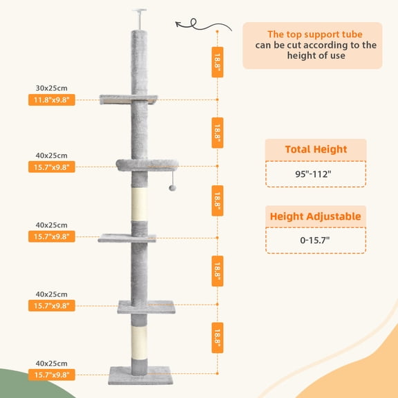 Floor-to-Ceiling Cat Tree, Adjustable 98110, 5-Tier Tower with Hammock, Sisal Posts & Toys for Large Cats