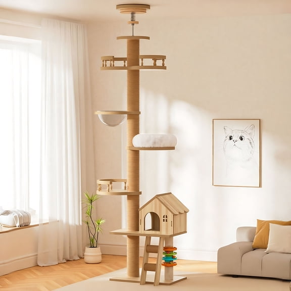Floor to Ceiling Cat Tree, Adjustable 98-110", Condo Cave Bed, Scratching Post, Modern Design