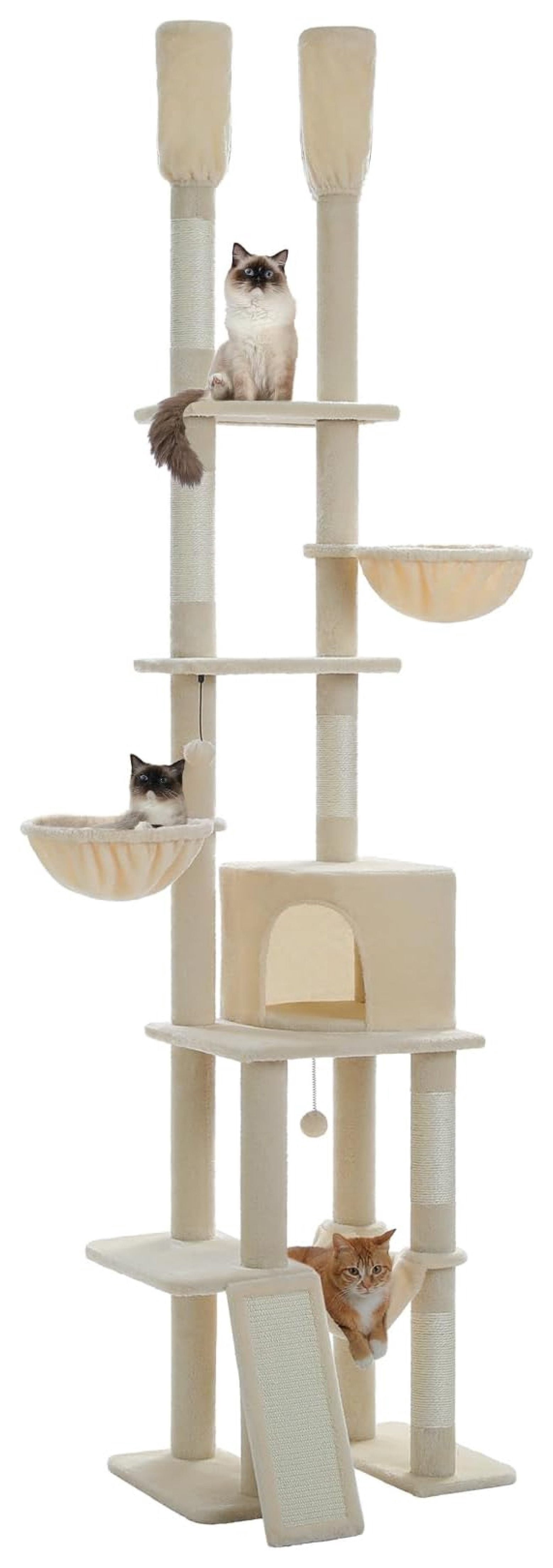 Floor to Ceiling Cat Tree Adjustable Height (85-112") Tall Cat Tower for Indoor Cats, 7 Tier Cat Tree with Hammocks & Scratching Posts - Beige