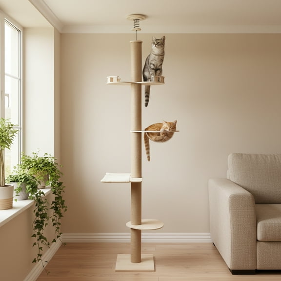 Floor-to-Ceiling Cat Tree Cat Climbing Tower with Natural Sisal Rope Scratching Post, (Adjustable Height:100.4inch-104.3inch)