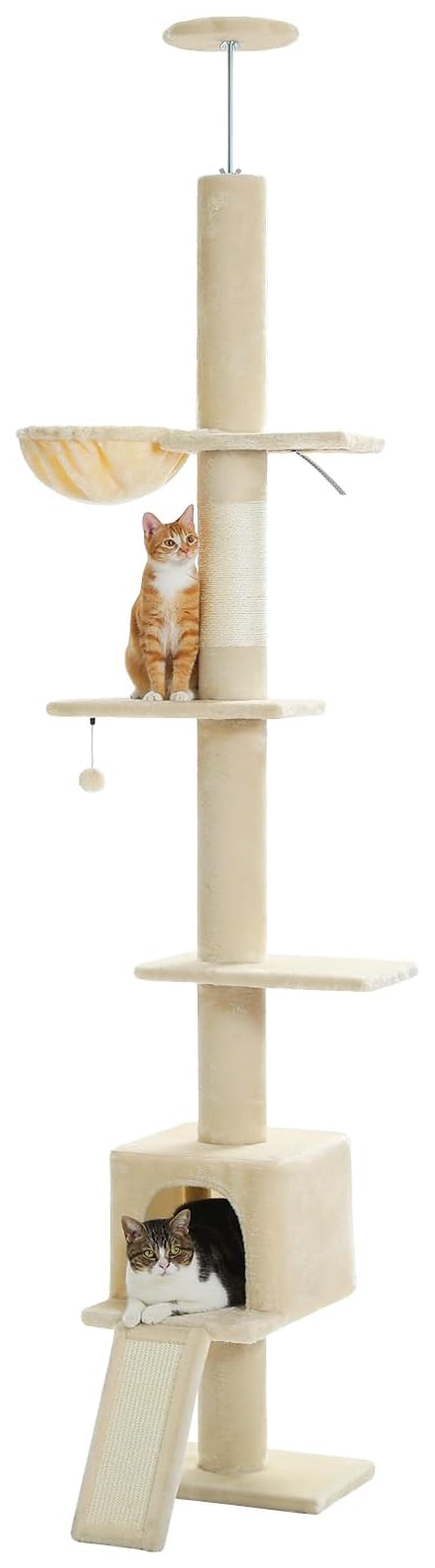 Floor to Ceiling Cat Tree, Tall Cat Tower Adjustable 83''-108'' 5 Level Indoor Cat Climbing Tree with Condo & Hammock, Scratching Post, Beige