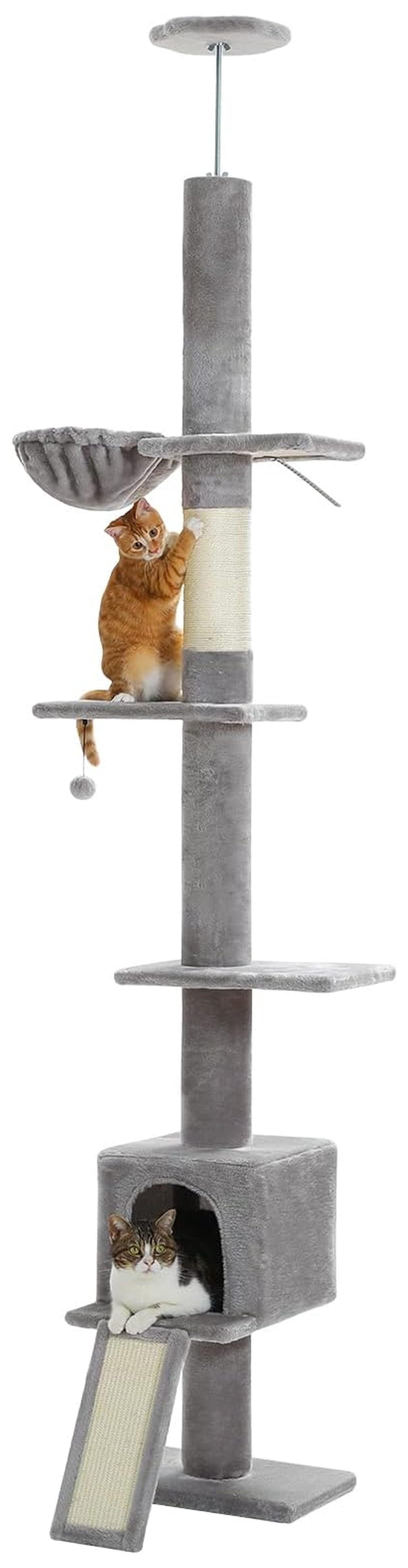 Floor to Ceiling Cat Tree, Tall Cat Tower Adjustable Height 83-108", 5 Levels Cat Climbing Tree with Condo & Hammock, Scratching Post, Grey