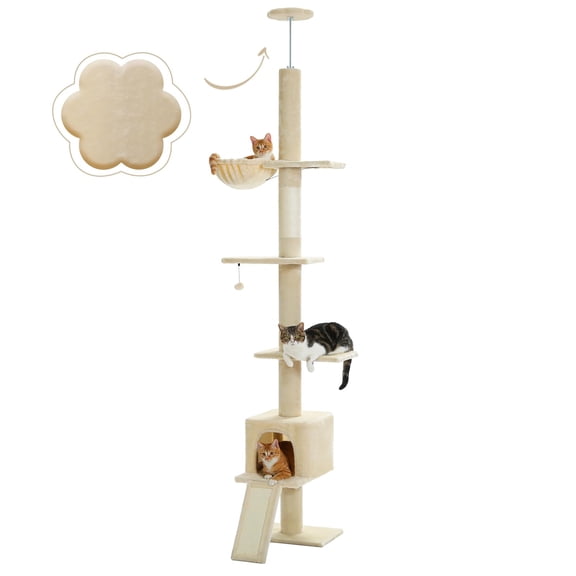 Floor to Ceiling Cat Tree for Indoor Cats, 5 Tiers Tall Adjustable Height (83 - 108 Inches), Featuring Condo, Scching Post and Perches, Beige
