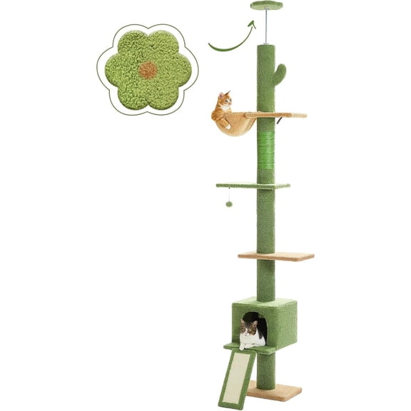 Floor to Ceiling Cat Tree for Large Cats, Premium Sisal and Plush Fabric, Green, Adjustable 83-108 Inches Tall with Sturdy Steel Frame