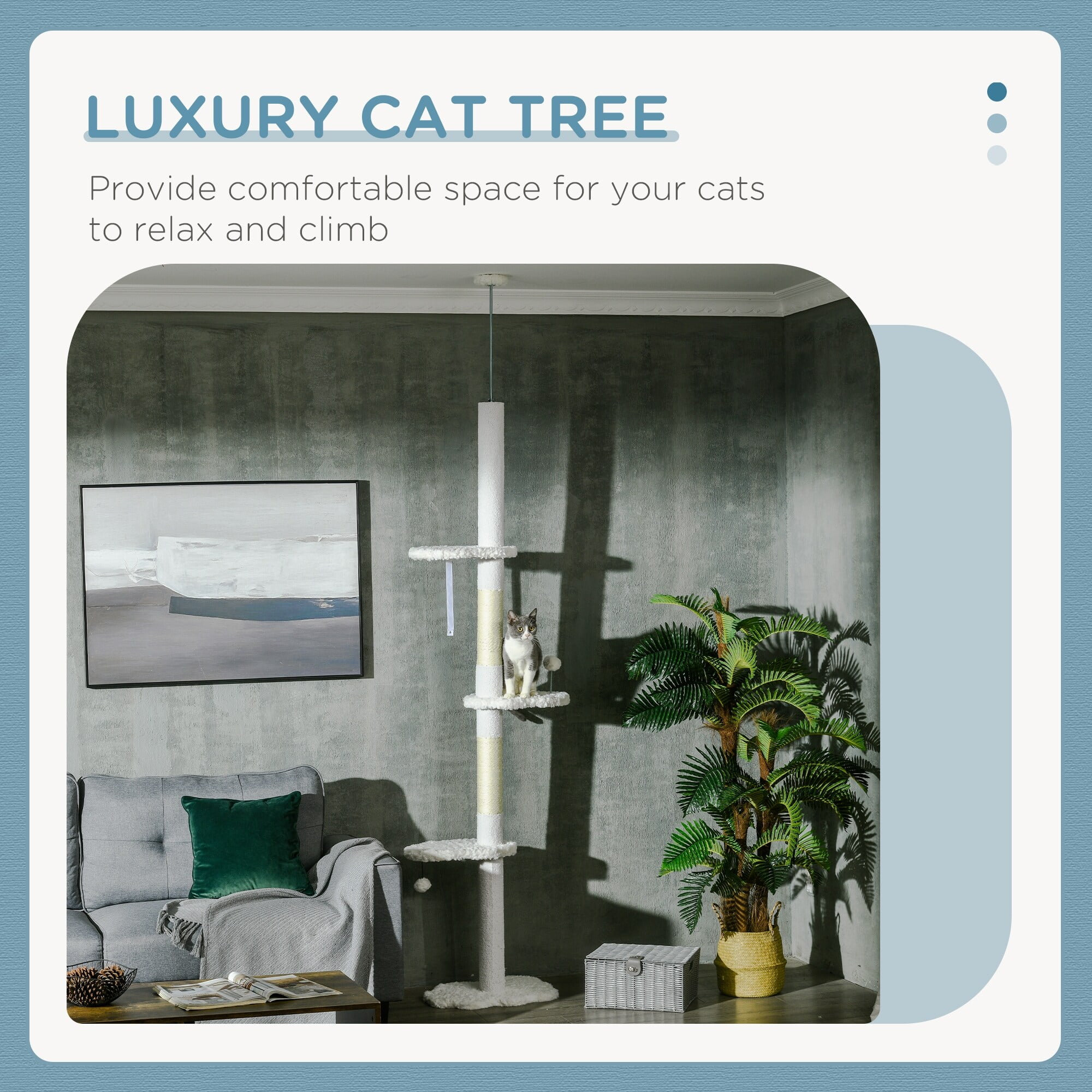 Tall White Sisal Floor-to-Ceiling Cat Tree with Plush Perches