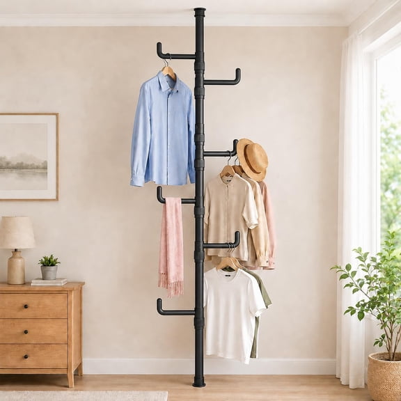 Floor-to-Ceiling Clothes Drying Rack, Adjustable Tension Pole Laundry Rack, Space-Saving Vertical Coat Hanger Stand for Balcony, Bathroom, and Bedroom, No-Drill Installation, Black