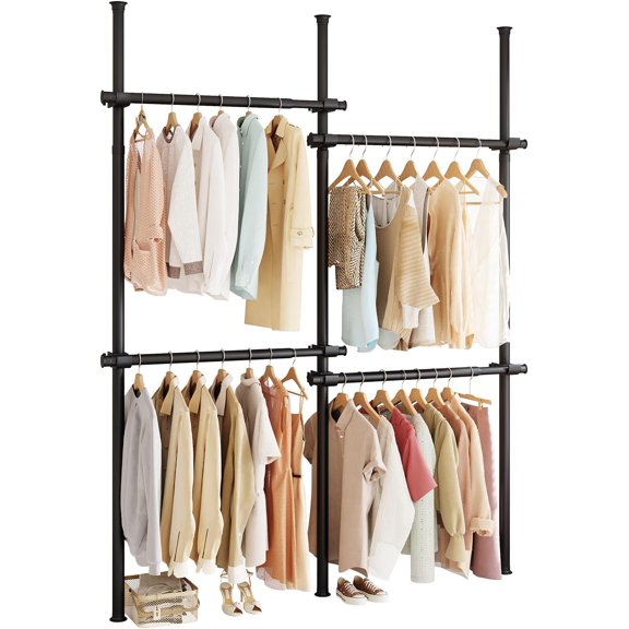 Floor to Ceiling Clothes Rack, Heavy-Duty Telescopic Garment Rack, 43122in Height & 3047in Width, 220lbs Total Load Capacity, 4-Pole, Black