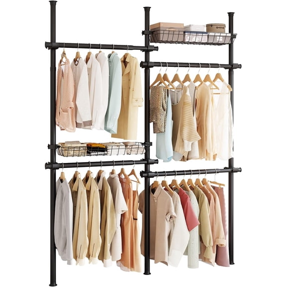 Floor to Ceiling Clothes Rack, Heavy-Duty Telescopic Garment Rack, 43–122in Height & 30–47in Width, 220lbs Total Load Capacity, 4-Pole