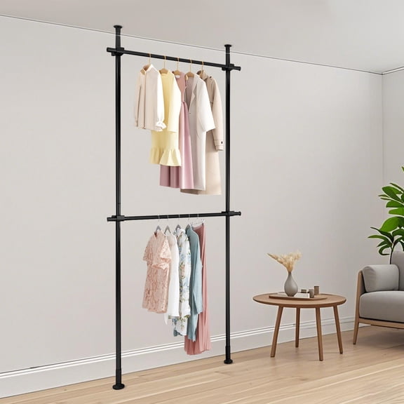 Floor to Ceiling Clothing Rack, 2 Tier Adjustable Heavy Duty Garment Rack, Metal Clothes Racks Closet with Tension Rod Free Standing, Black