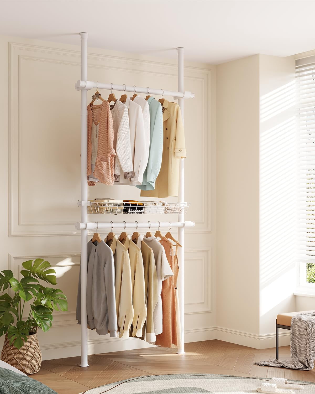 Floor-to-Ceiling Clothing Rack with Wire Storage Basket, Double Hanging ...