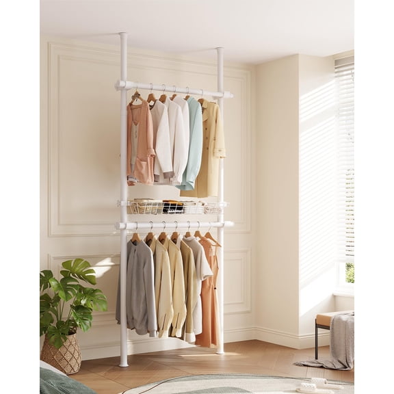 Floor-to-Ceiling Clothing Rack with Wire Storage Basket, Double Hanging Rods, Adjustable Tension Closet Organizer for Bedroom, Walk-In Closet, Laundry Room, 2-Pole, White