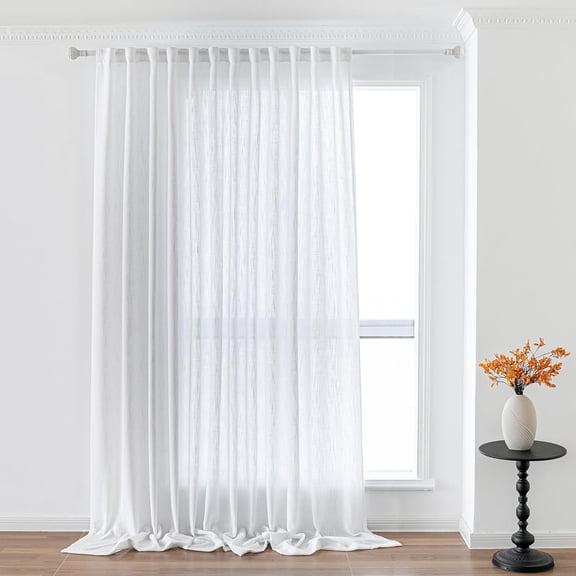 Floor to Ceiling Curtains 108 Inches, White Sheer Window Drapes 1 Panel for Sliding Door, Back Tab Linen Look Boho Light Filtering Drapes