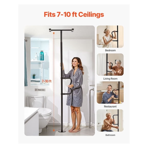 Floor to Ceiling Grab Bar, Tension Mounted Pole for Seniors, 300lbs Capacity, Adjustable 7-10ft, Bathroom Safety Handrail, Anti-Slip Handle, Black
