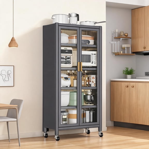 Floor-to-Ceiling Kitchen Storage Cabinet with Open Shelving and Locking Wheels, Slate Gray Metal