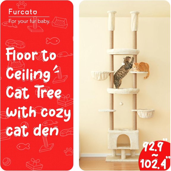 Floor to Ceiling Tower Adjustable Height 92.9-102.4 in 7 Tiers with Sisal Scratching Post Cozy Condo Hammocks for Indoor Cats Beige