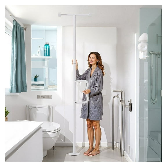 Floor to Ceiling Transfer Pole, Bathroom Grab Bar - 300 Lbs Capacity, Adjustable 7-10 ft, Senior Safety Handrail - White, Non-Slip Curve Handle