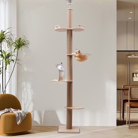 Floor-to-ceiling Cat Tree Climbing Tower W/ Natural Sisal Rope Scratching Pods, Cat Tree Cat Climbing Tower with Natural Sisal Rope Scratching Post, (Adjustable Height:100.4inch-104.3inch)