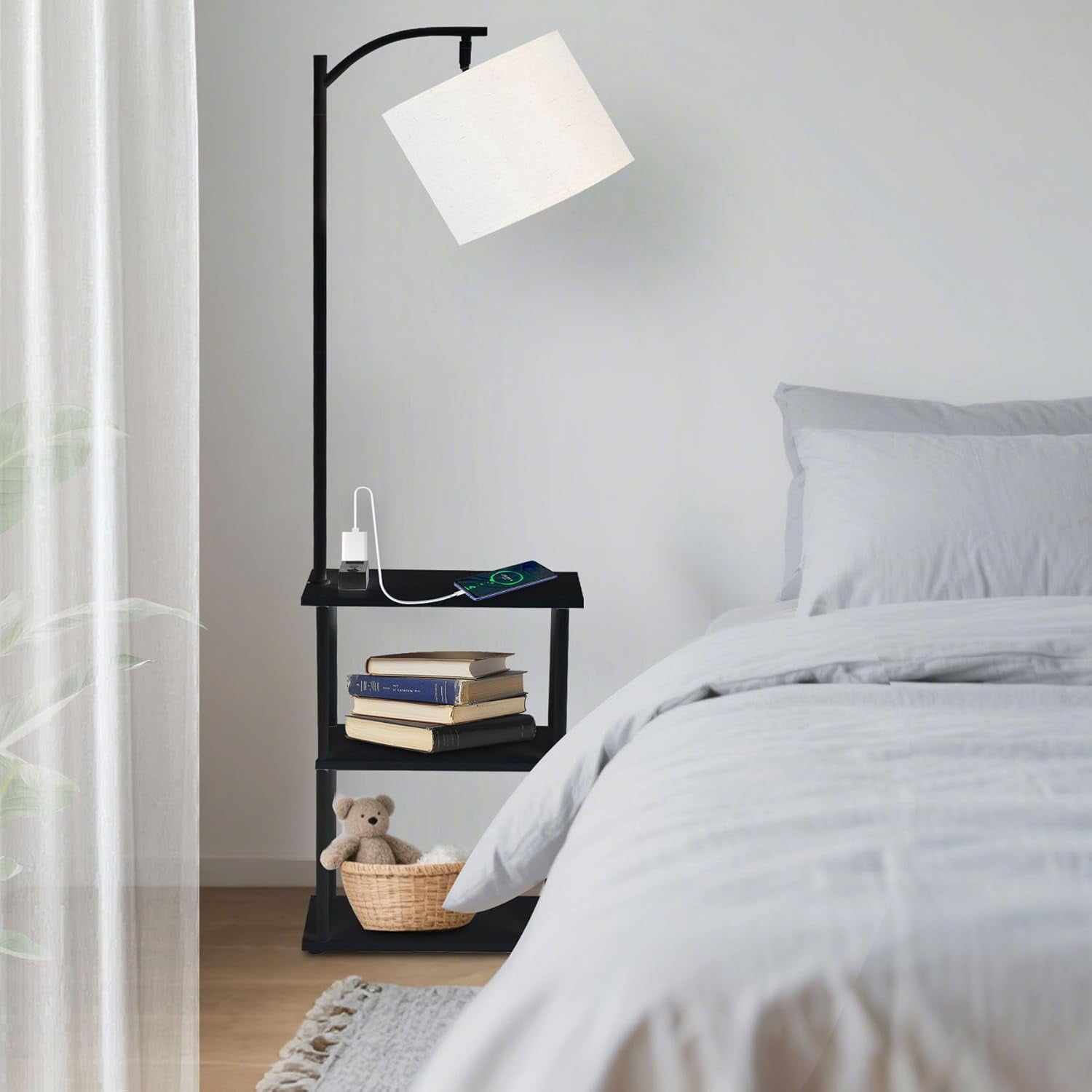 Floor  with Table, Narrow Side Table with USB Charging and AC Port, 3 Color Temperatures LED Light, Black