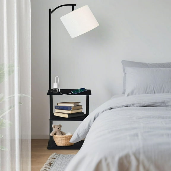 Floor  with Table, Narrow Side Table with USB Charging and AC Port, 3 Color Temperatures LED Light, Black