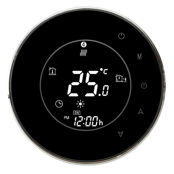FloorHeat BLK-6000 Electric Radiant Floor Heating Thermostat with Wi-Fi, 95240V, 16A Max Load, Round LED Display, Capacitive Touch Buttons, Programmable, Floor Sensor Included