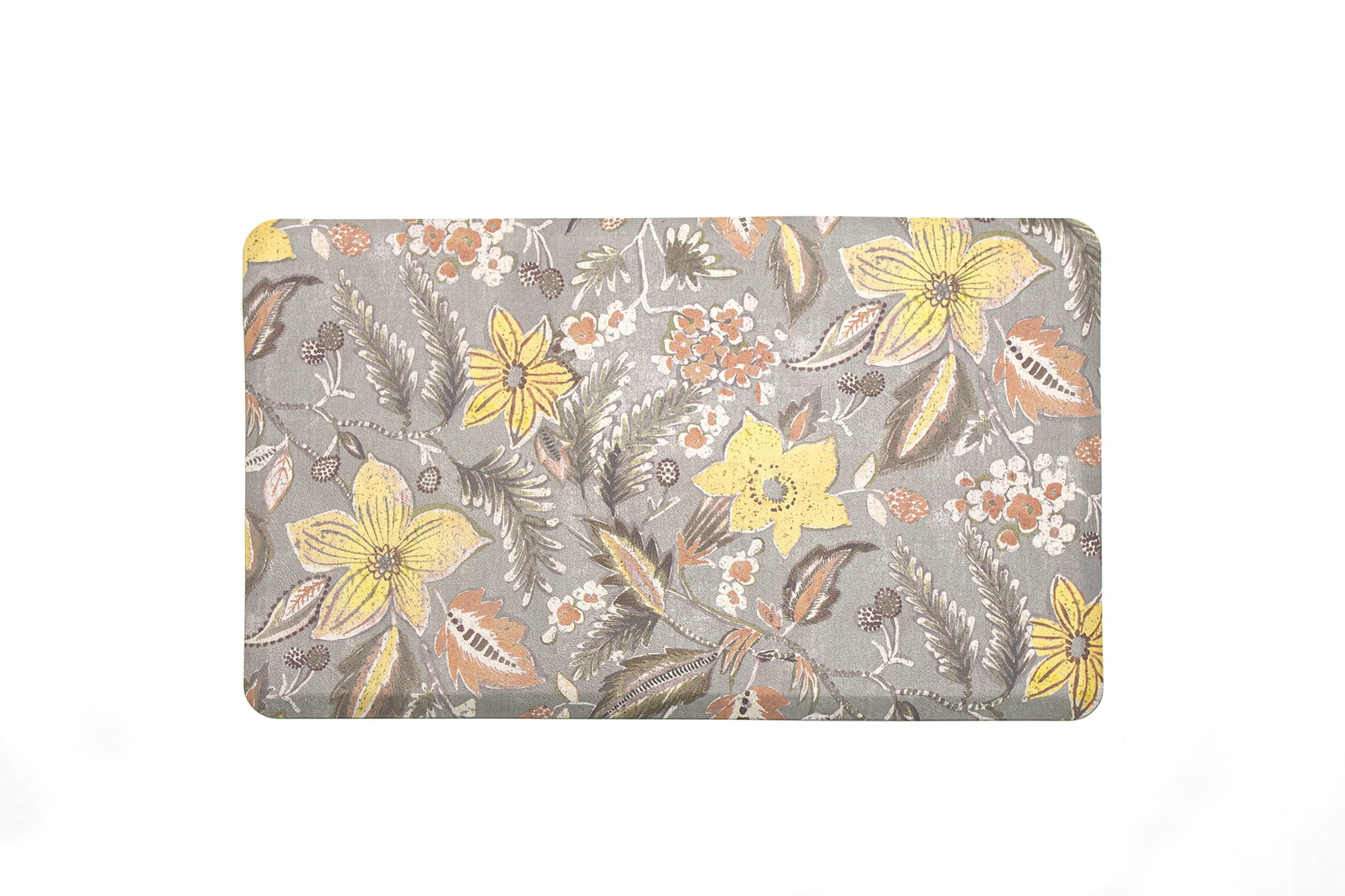 Gray Floral Anti-Fatigue Comfort Mat with Yellow and Orange Botanicals