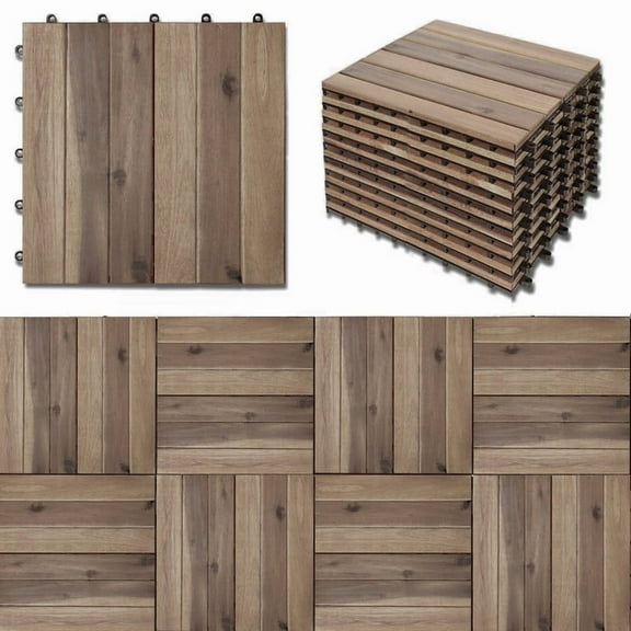 Flooring Deck Tiles,Gray Interlocking Patio Flooring Acacia Wood Tiles for Garden, Porch, Indoor& Outdoor, 27 PCS