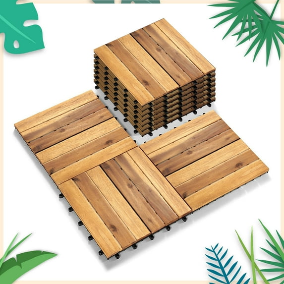 Flooring Deck Tiles, Interlocking Patio Flooring Acacia Wood Tiles for Garden, Porch, Indoor& Outdoor, 10 PCS