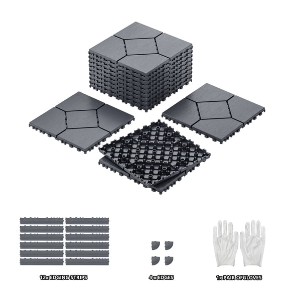 44Pack Plastic Interlocking Deck Tiles,(12pcs Edge strips+4pcs Corners)Outdoor Patio Flooring, 12"x12" Interlocking Decking Tile Outdoor All Weather Use, Waterproof Patio Pavers for Pool Balcony