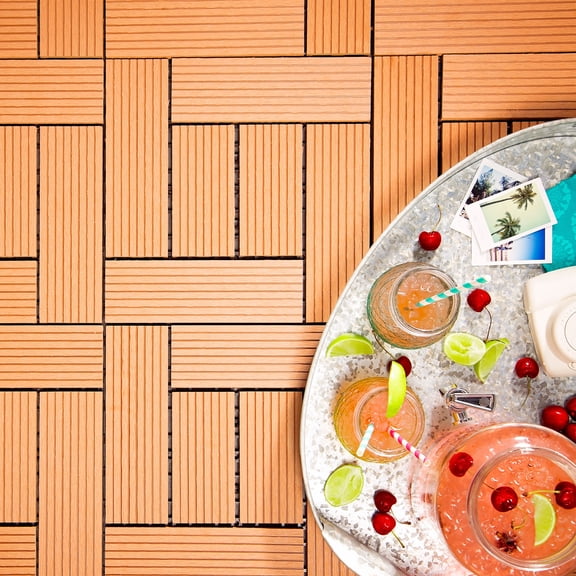 FlooringInc Helios Outdoor 6 Slat Interlocking Deck Tiles, 12"x12", 11 Tiles (11 Sqft), Red