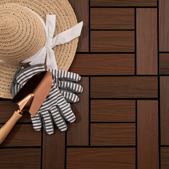 FlooringInc Helios Outdoor 6 Slat Interlocking Deck Tiles, 12"x12" Brazilian Brown