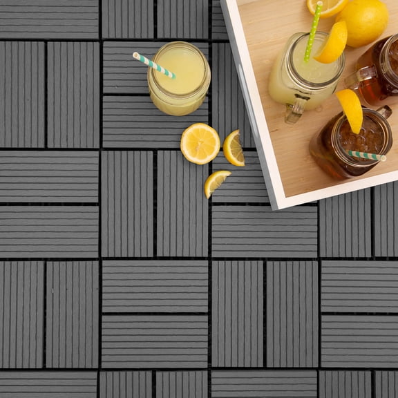 FlooringInc Helios Outdoor 8 Slat Interlocking Deck Tiles, 12"x12", 11 Tiles (11 Sqft), Grey
