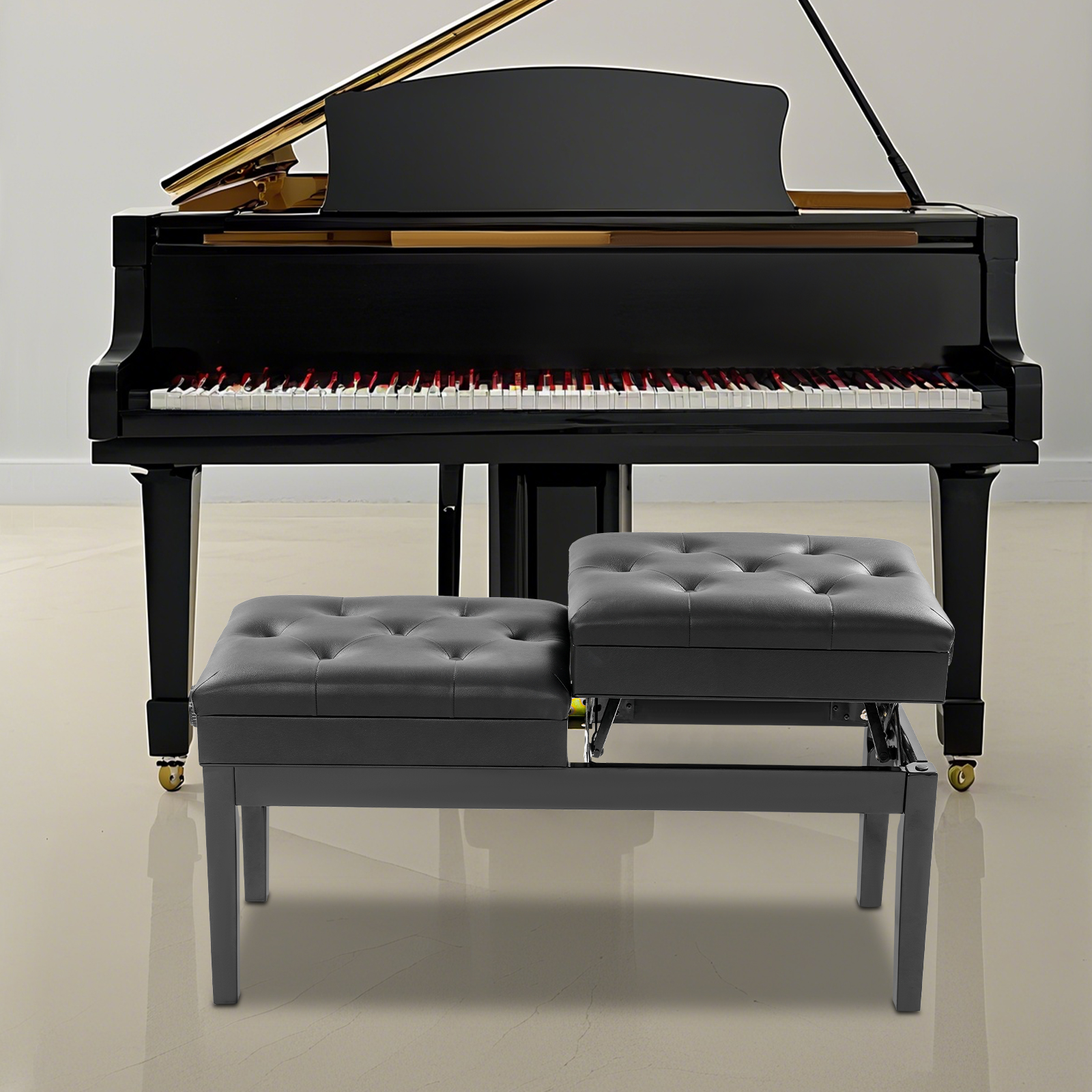 Floorstanding Double Seater Piano Bench, Adjustable Duet Piano Bench with Storage Box for Homes, Schools