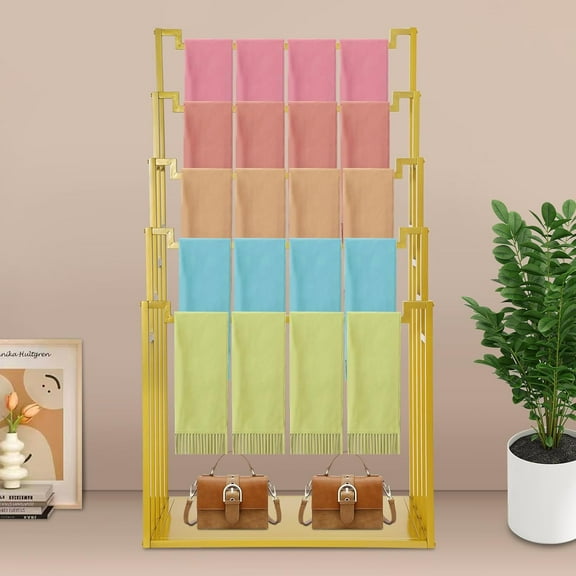 Floorstanding Scarf Display Rack 5-Tier Gold Metal Scarf Holder Organizer Floor Standing Towel Rack Stand for Displaying Blanket Quilt Scarf Towel Mat in Commercial Clothing Retail Store