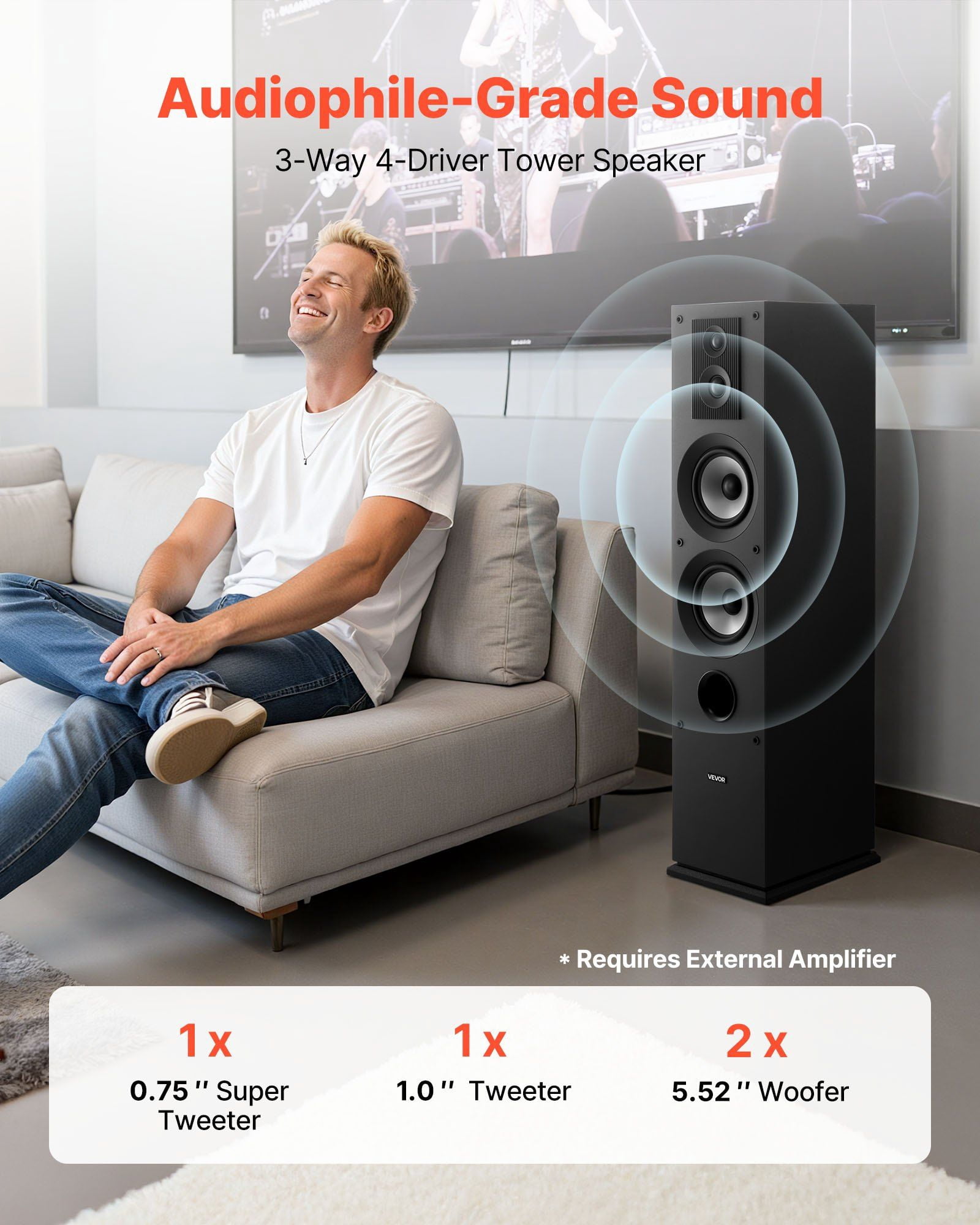 Floorstanding Speaker, 3-Way, Floor-Standing Tower Speaker with 0.75 in ...
