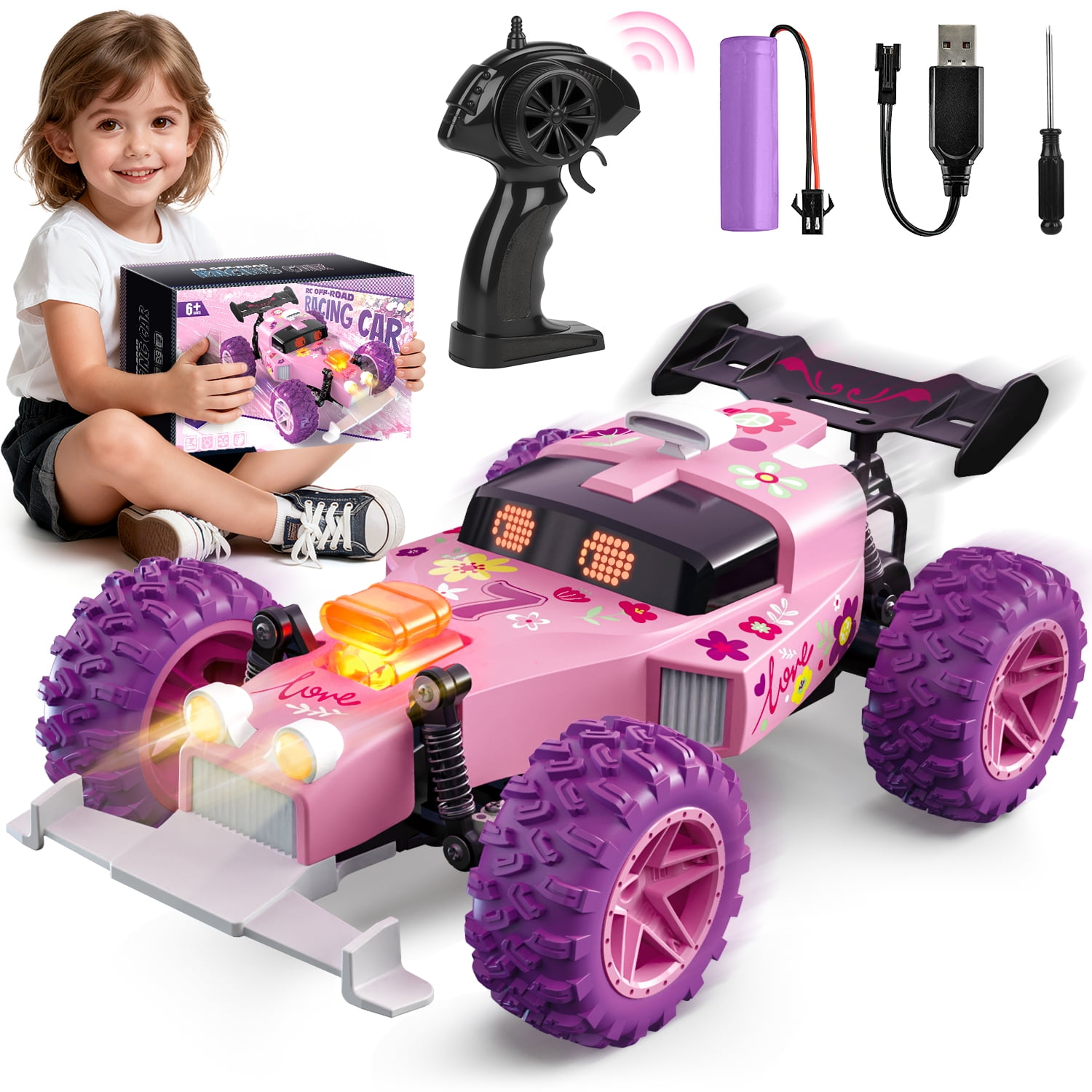 Flooyes 2.4G High-Speed Remote Control Car, RC Car with Lights Birthday Gift Toys for Kids Girls 3 4 5 6 7 8 Pink