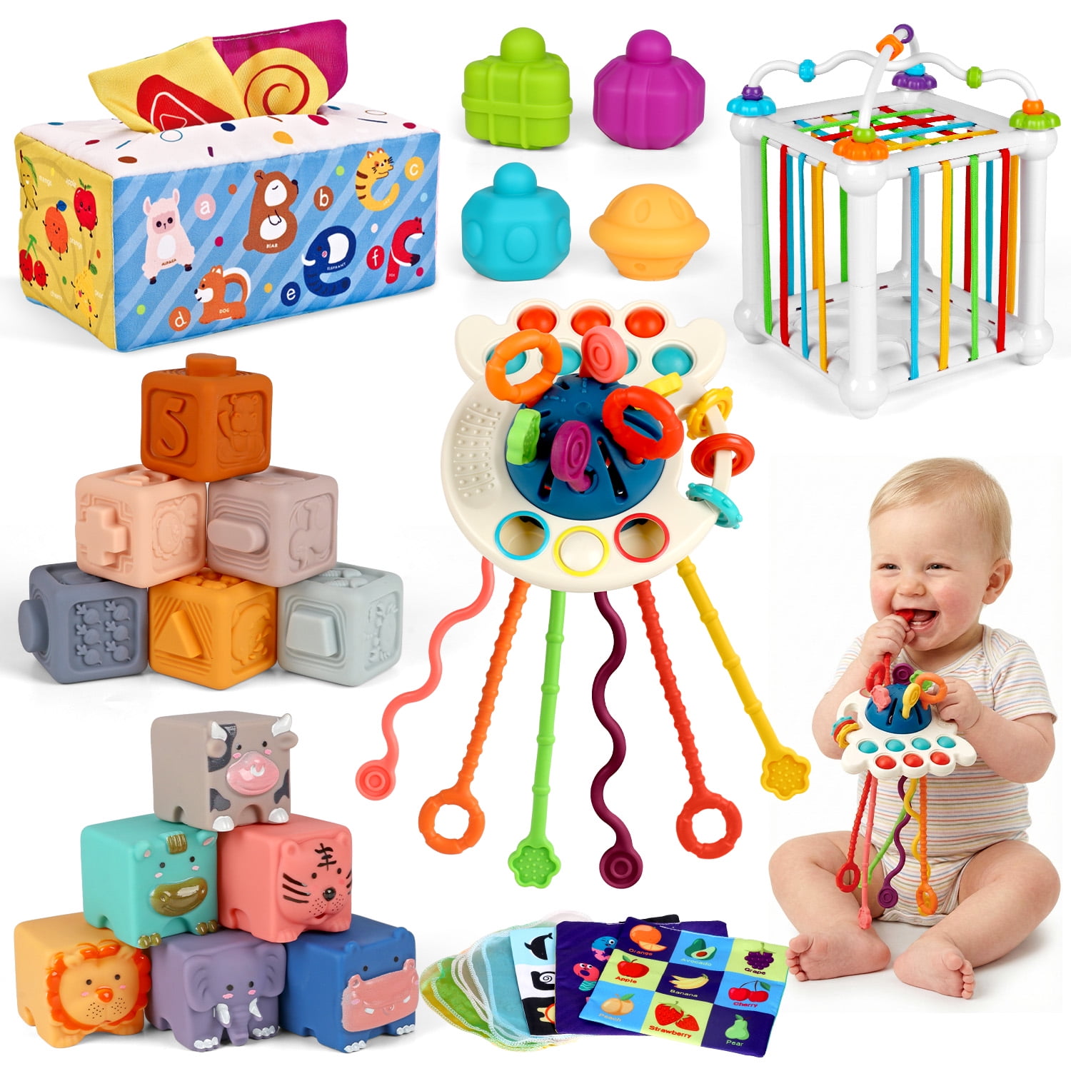 Flooyes 6-IN-1 Montessori Toys, Soft Rubber Set Play and Learn Early Box Toys For Kids Boys Girls 6 Months+
