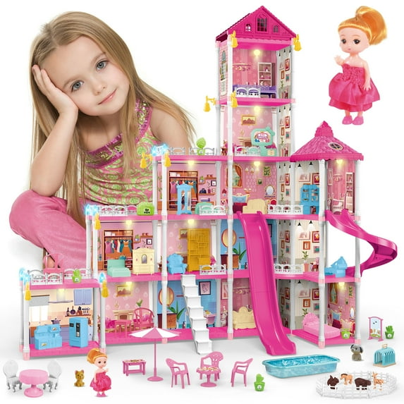 Flooyes Light-Up Castle Dollhouse, 14 Rooms Pretend Dream Castle with Doll and Furniture, Pink