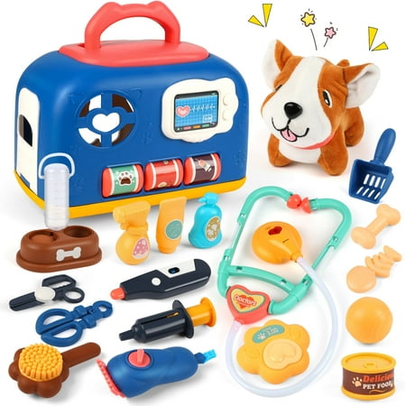 Flooyes Dog Toys for Kids, Veterinarian Playset for Kids Puppy Stuffed Animal with Carrier & Accessories Pretend Play Toys Vet Kit Toy Gift for 3 4 5 6 Year Old Girl
